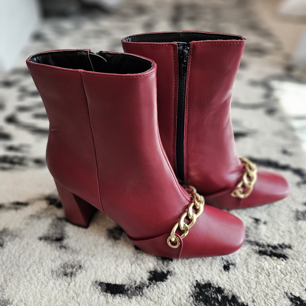New In Box Red Ankle Boots with Gold Accent - Size 9